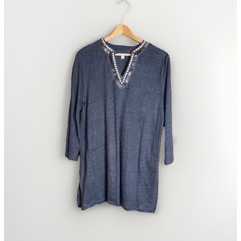 Chico's Blue Embellished 100% Linen V-Neck Tunic Top Size L 3/4 Sleeve Beaded